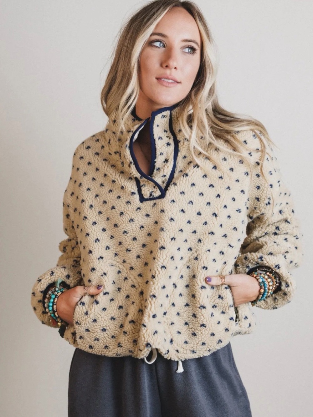 Vineyard Vines Sherpa Pullover Jacket with Navy Polka Dot Accent